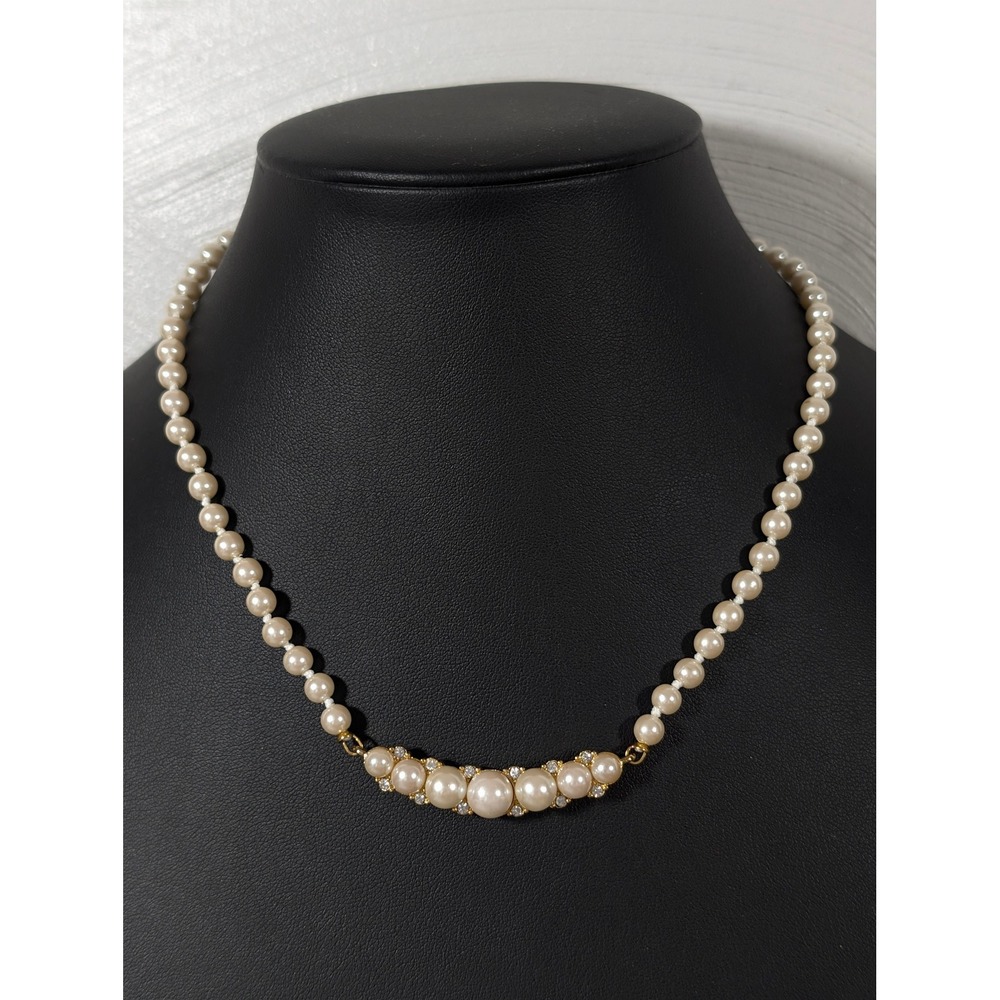 Gold Tone Faux Pearl Station Necklace Rhinestone Accent Classic 18 Inch